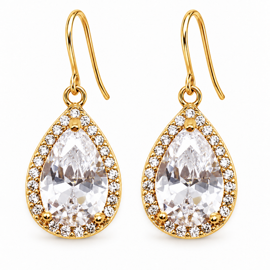 Pave CZ Halo Teardrop Earrings Gold