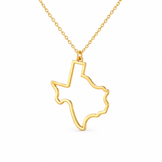 Texas State Outline Necklace — approved Western Gold shiny gold product photo — texas-state-outline-necklace-gold