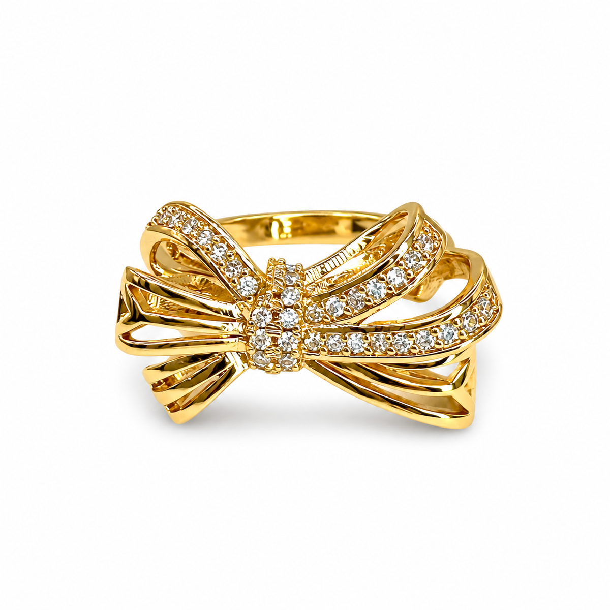 Triple Ribbon Pave CZ & Gloss Bow Ring — luxury white background product photo