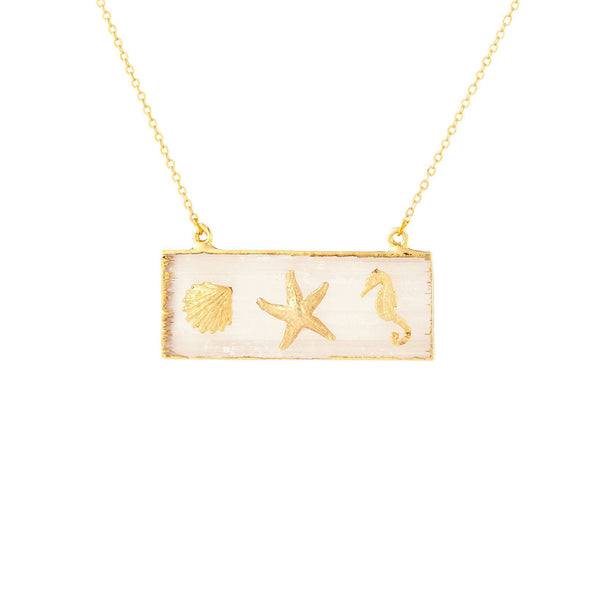 Beach Charms on Gilded Selenite Bar Necklace