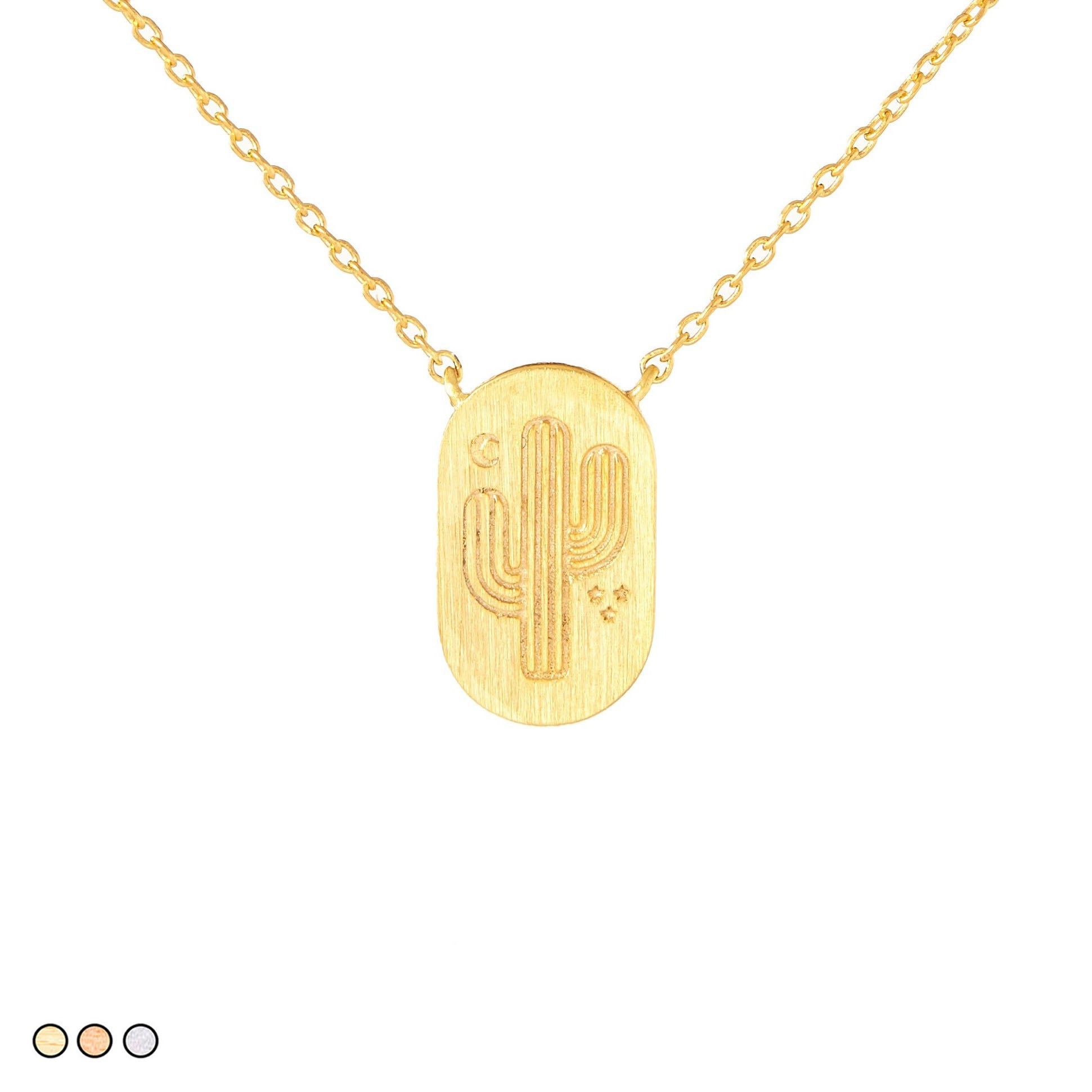 Cactus, Moon, and Stars Minimalist Festoon Tag Necklace (Gold, Rose Gold, Silver)