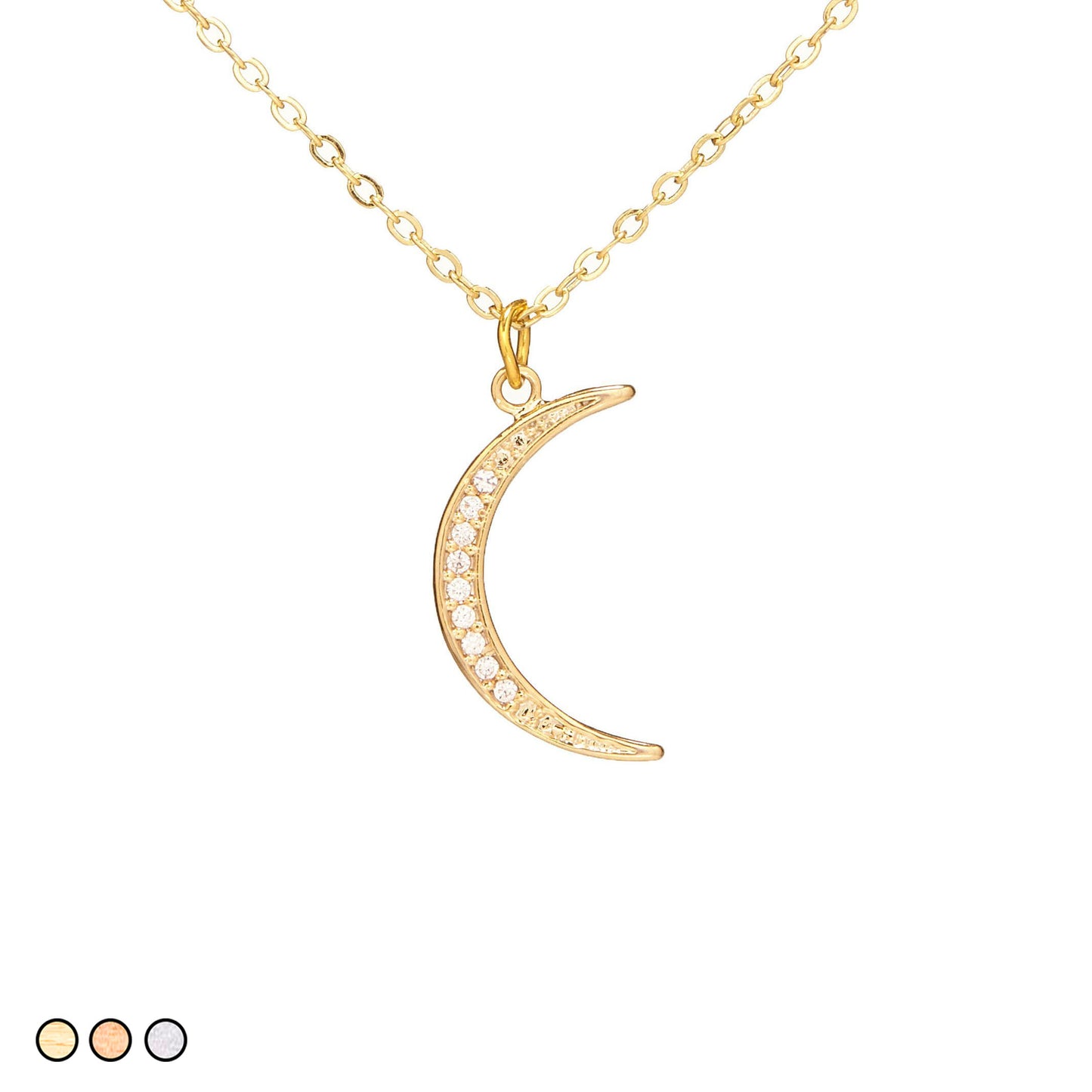 Pave Crescent Moon Necklace (Gold, Rose Gold, Silver)