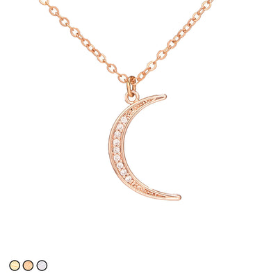 Pave Crescent Moon Necklace (Gold, Rose Gold, Silver)