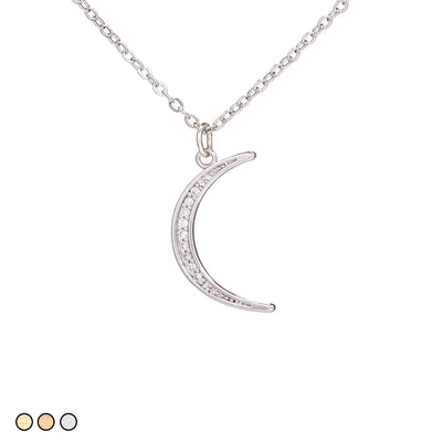 Pave Crescent Moon Necklace (Gold, Rose Gold, Silver)