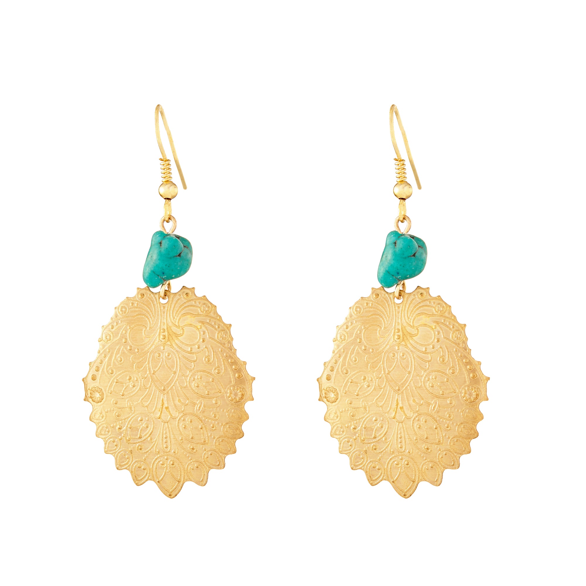 Stamped Gold and Turquoise Dangle Earrings