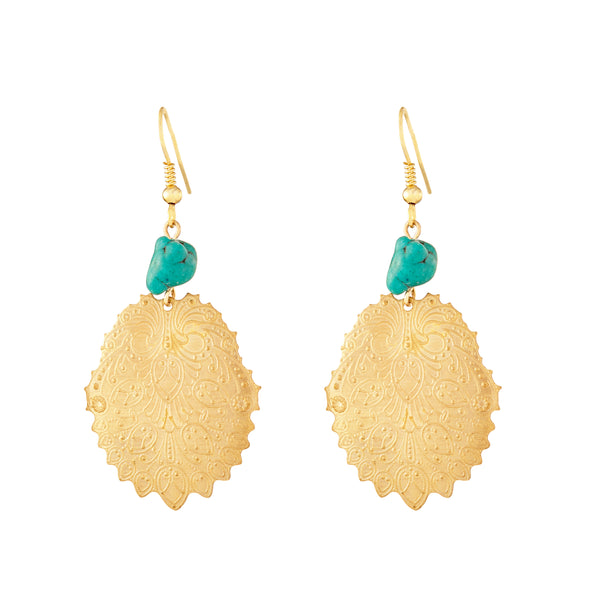 Stamped Gold and Turquoise Dangle Earrings