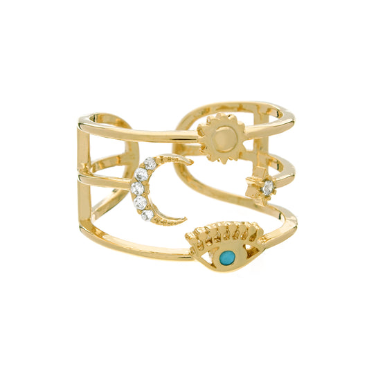Evil Eye, Sun, Star, and Moon Trio Ring