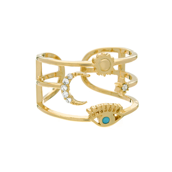 Evil Eye, Sun, Star, and Moon Trio Ring